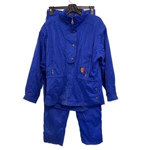 Vintage Sunice Blue Nylon Tracksuit Jacket & Pants Set M With Leaf Print Lining